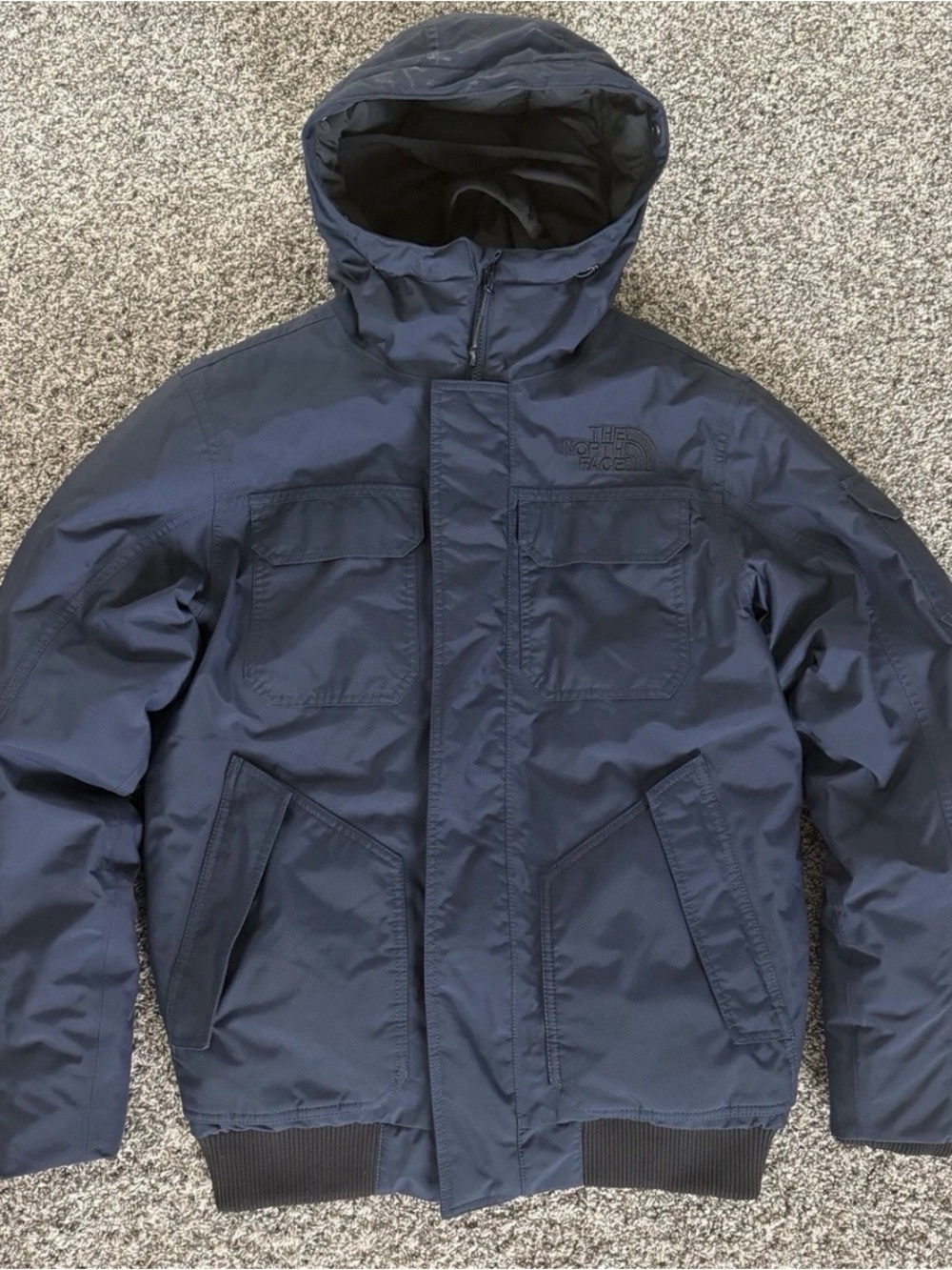 The North Face Men Small Down Jacket Navy Black Hooded Full Zip Utility Pockets